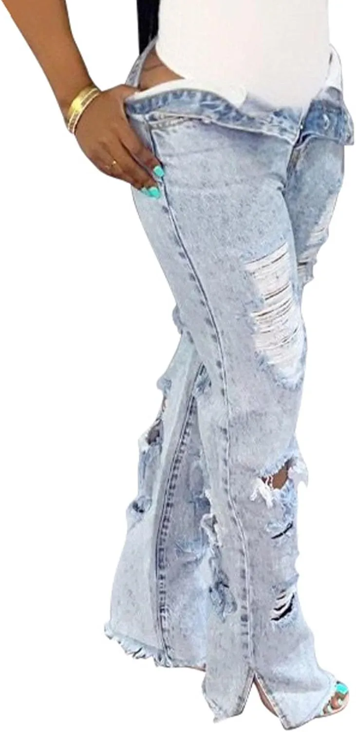 SOMTHRON Women's High Waist Ripped Bell Bottom Jeans Slim Fit Destoryed Flare Denim Pants Distressed Trousers