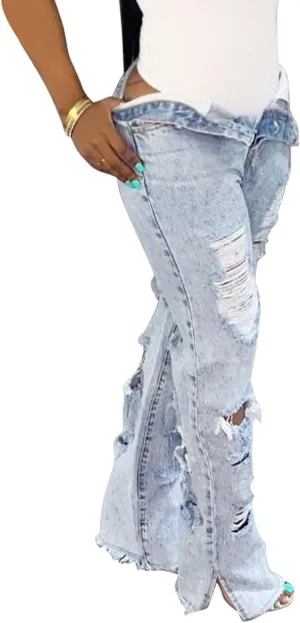 SOMTHRON Women's High Waist Ripped Bell Bottom Jeans Slim Fit Destoryed Flare Denim Pants Distressed Trousers