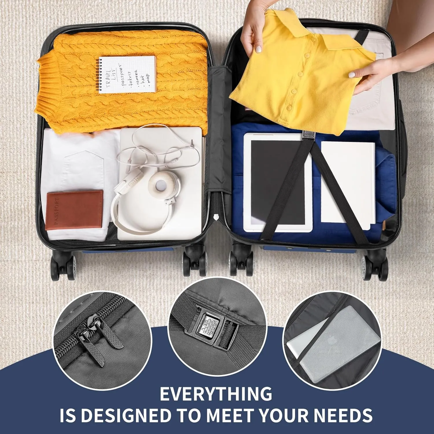Suitcases with Wheels, 3-Piece Hardside Luggage Set with Spinner Wheels,Expandable Lightweight Spinner Suitcase (Navy)