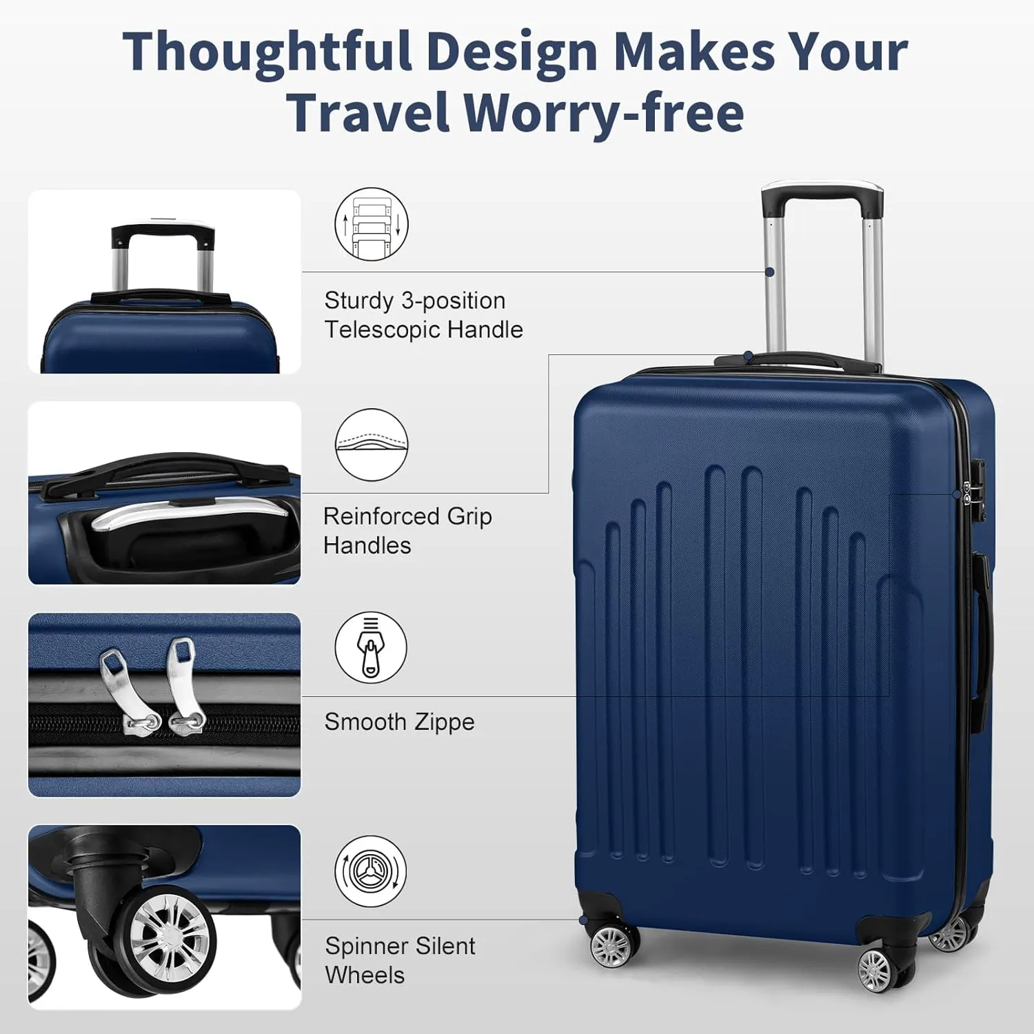 Suitcases with Wheels, 3-Piece Hardside Luggage Set with Spinner Wheels,Expandable Lightweight Spinner Suitcase (Navy)