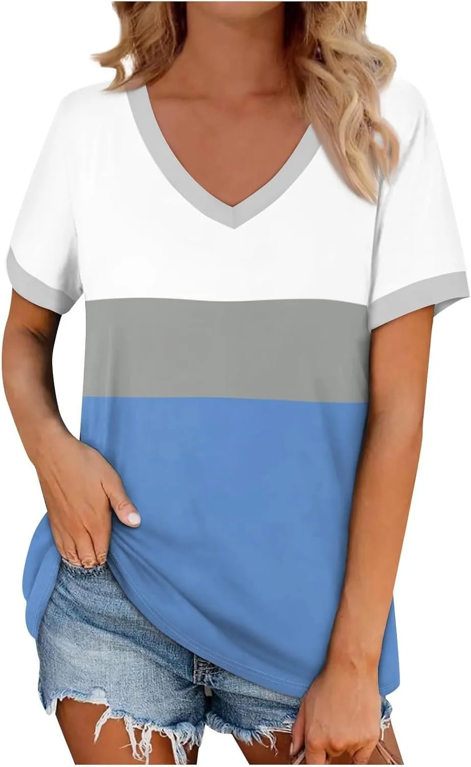 Summer Dresses for Women 2024 Short Sleeve Striped V Neck T Shirts Comfy Fit Daily Going Out Dressy Casual Tops
