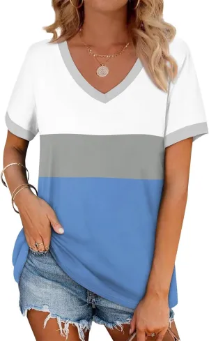 Summer Dresses for Women 2024 Short Sleeve Striped V Neck T Shirts Comfy Fit Daily Going Out Dressy Casual Tops