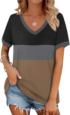 Summer Dresses for Women 2024 Short Sleeve Striped V Neck T Shirts Comfy Fit Daily Going Out Dressy Casual Tops