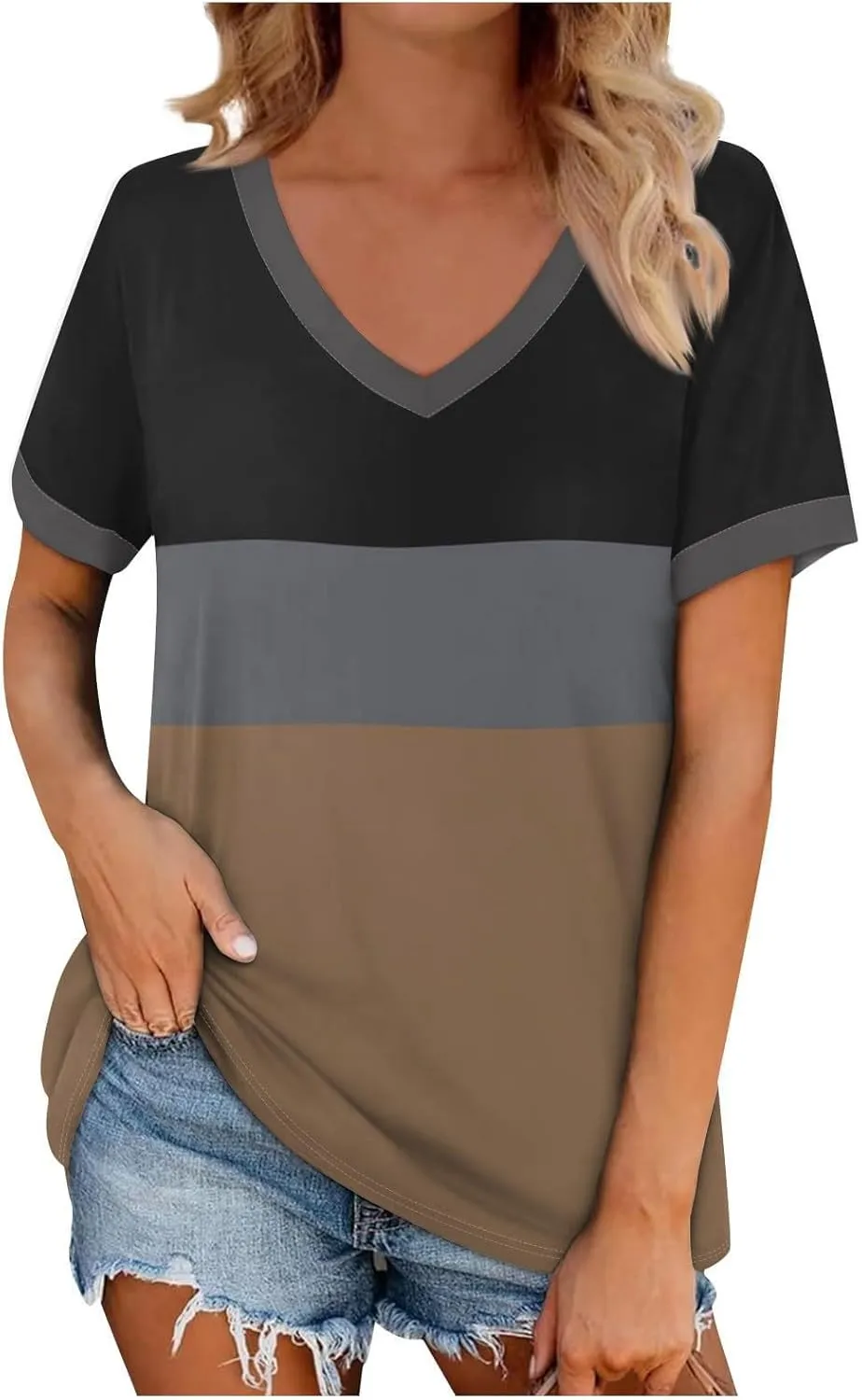 Summer Dresses for Women 2024 Short Sleeve Striped V Neck T Shirts Comfy Fit Daily Going Out Dressy Casual Tops