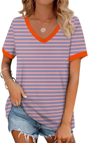 Summer Dresses for Women 2024 Short Sleeve Striped V Neck T Shirts Comfy Fit Daily Going Out Dressy Casual Tops