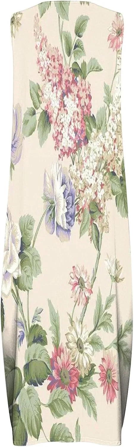 Summer Maxi Dresses for Women 2025 Flowy Boho Floral Beach Vacation Sundresses Casual Sleeveless A Line Tank Dress