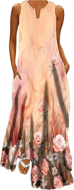 Summer Maxi Dresses for Women 2025 Flowy Boho Floral Beach Vacation Sundresses Casual Sleeveless A Line Tank Dress