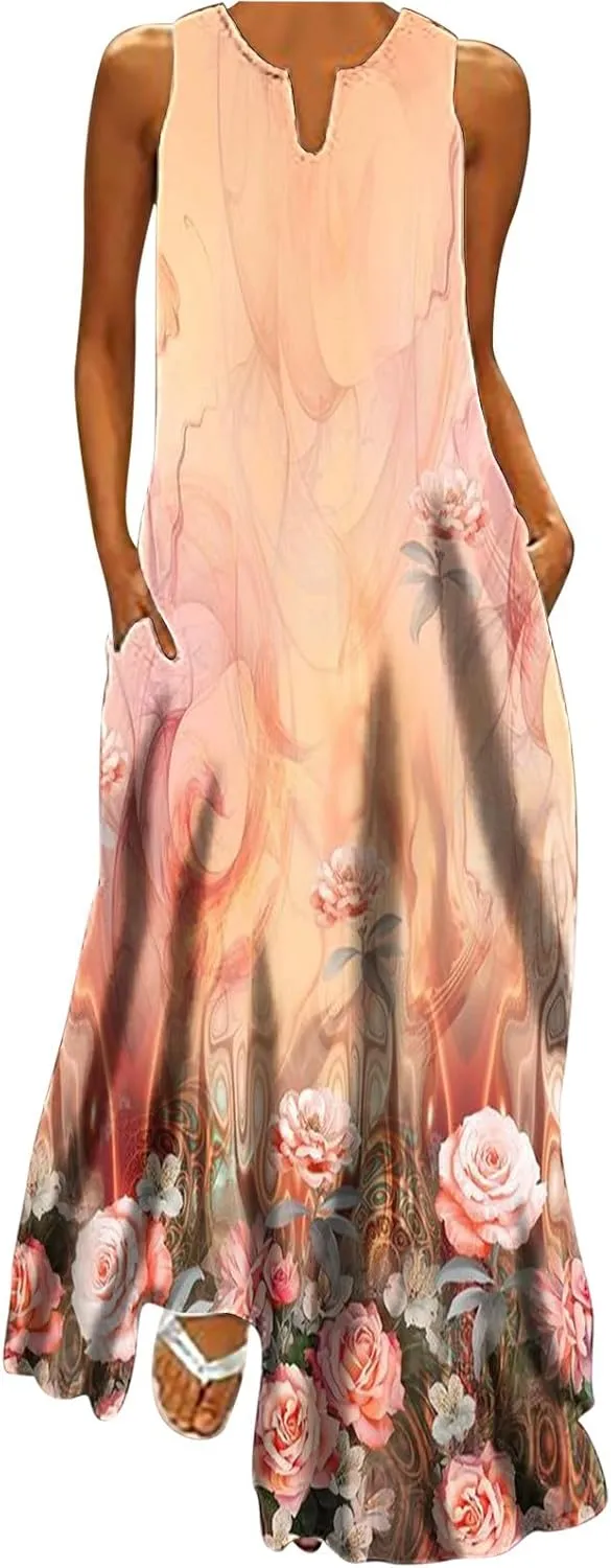 Summer Maxi Dresses for Women 2025 Flowy Boho Floral Beach Vacation Sundresses Casual Sleeveless A Line Tank Dress