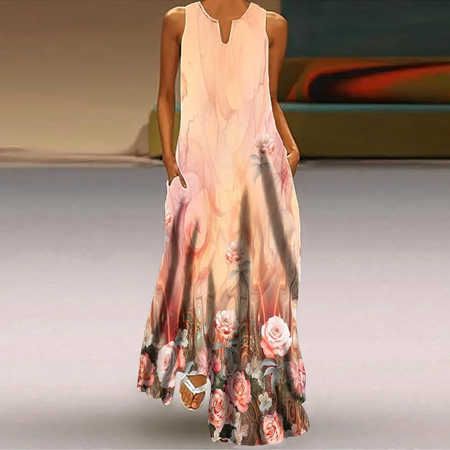 Summer Maxi Dresses for Women 2025 Flowy Boho Floral Beach Vacation Sundresses Casual Sleeveless A Line Tank Dress