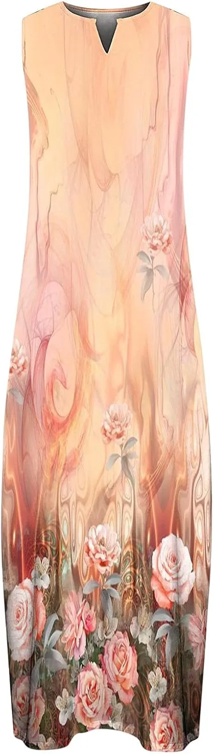 Summer Maxi Dresses for Women 2025 Flowy Boho Floral Beach Vacation Sundresses Casual Sleeveless A Line Tank Dress