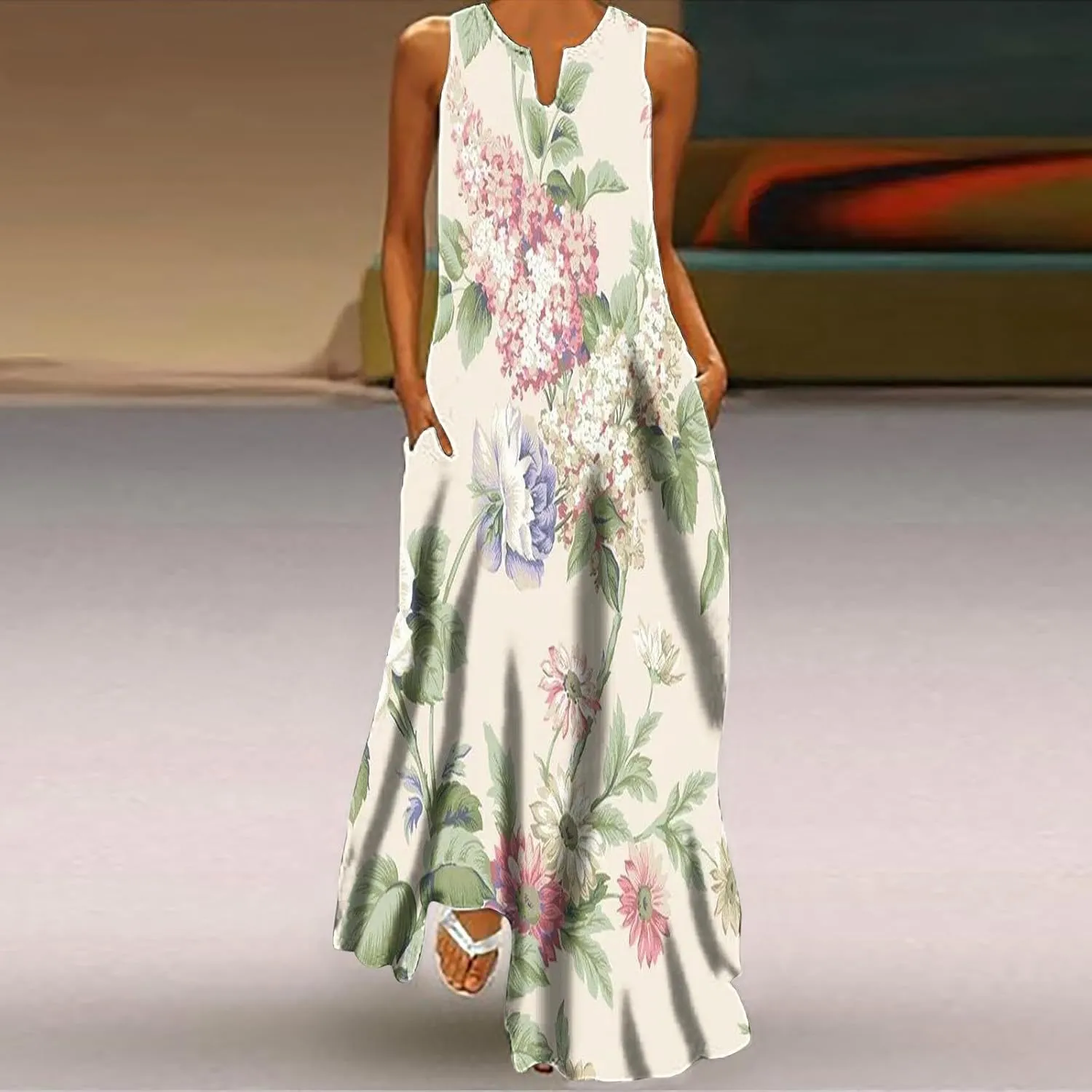 Summer Maxi Dresses for Women 2025 Flowy Boho Floral Beach Vacation Sundresses Casual Sleeveless A Line Tank Dress
