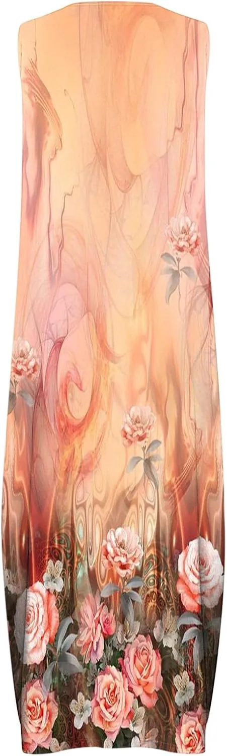 Summer Maxi Dresses for Women 2025 Flowy Boho Floral Beach Vacation Sundresses Casual Sleeveless A Line Tank Dress