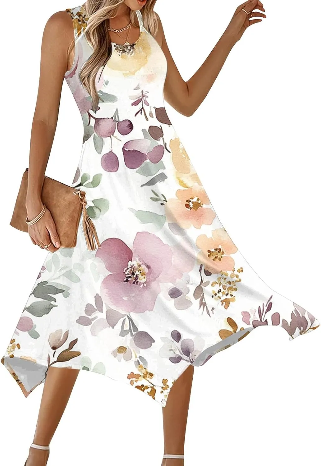 Summer Midi Dresses for Women 2025 Sleeveless Floral Boho Sundress Flowy A Line Beach Vacation Tank Dress Trendy