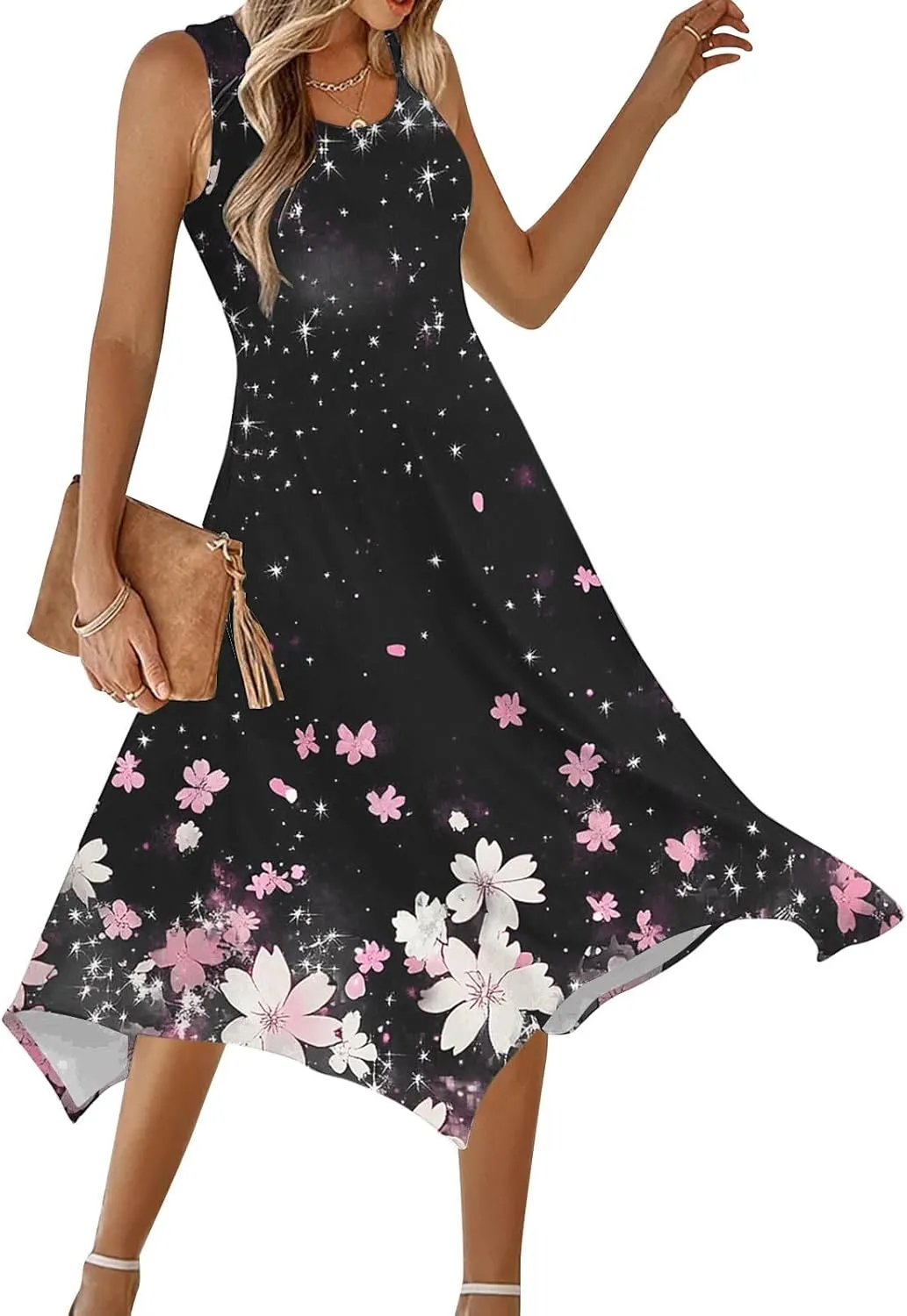 Summer Midi Dresses for Women 2025 Sleeveless Floral Boho Sundress Flowy A Line Beach Vacation Tank Dress Trendy