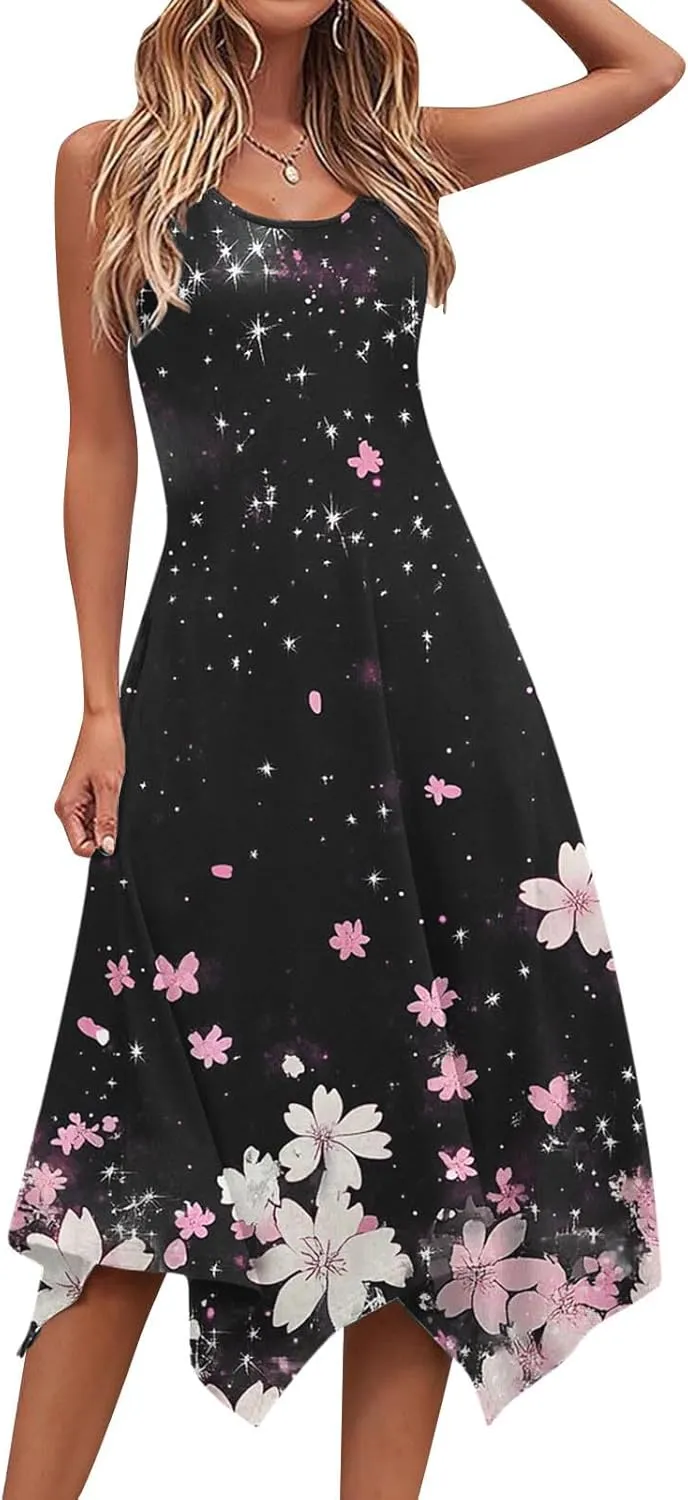 Summer Midi Dresses for Women 2025 Sleeveless Floral Boho Sundress Flowy A Line Beach Vacation Tank Dress Trendy