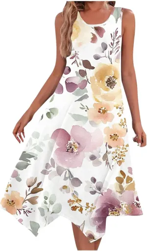 Summer Midi Dresses for Women 2025 Sleeveless Floral Boho Sundress Flowy A Line Beach Vacation Tank Dress Trendy