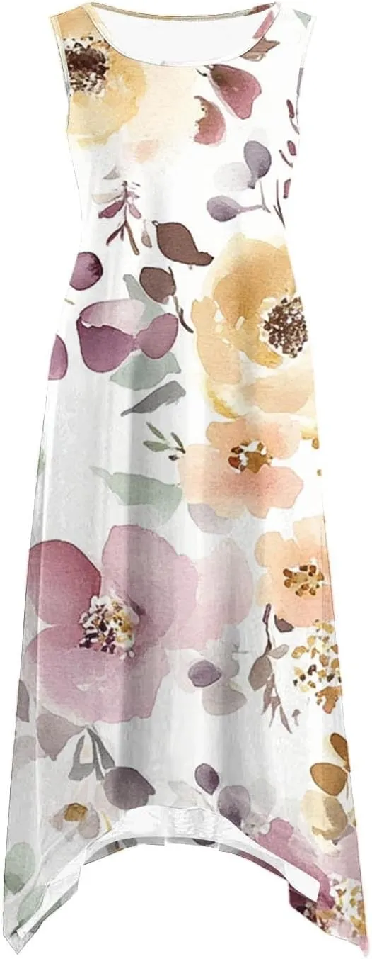 Summer Midi Dresses for Women 2025 Sleeveless Floral Boho Sundress Flowy A Line Beach Vacation Tank Dress Trendy