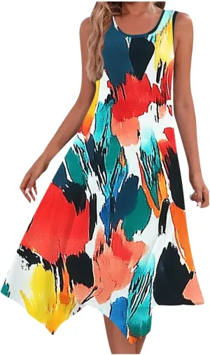 Summer Midi Dresses for Women 2025 Sleeveless Floral Boho Sundress Flowy A Line Beach Vacation Tank Dress Trendy