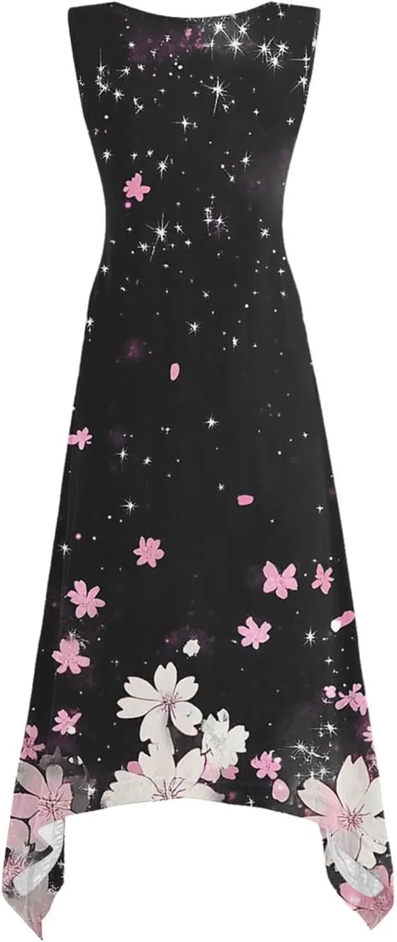Summer Midi Dresses for Women 2025 Sleeveless Floral Boho Sundress Flowy A Line Beach Vacation Tank Dress Trendy