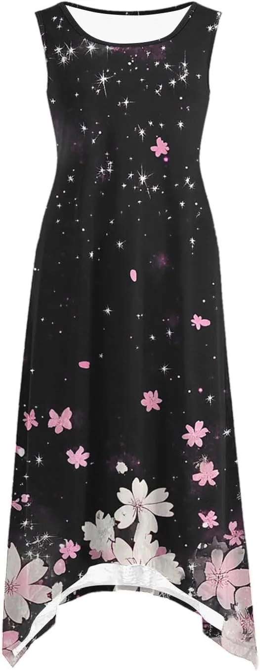 Summer Midi Dresses for Women 2025 Sleeveless Floral Boho Sundress Flowy A Line Beach Vacation Tank Dress Trendy