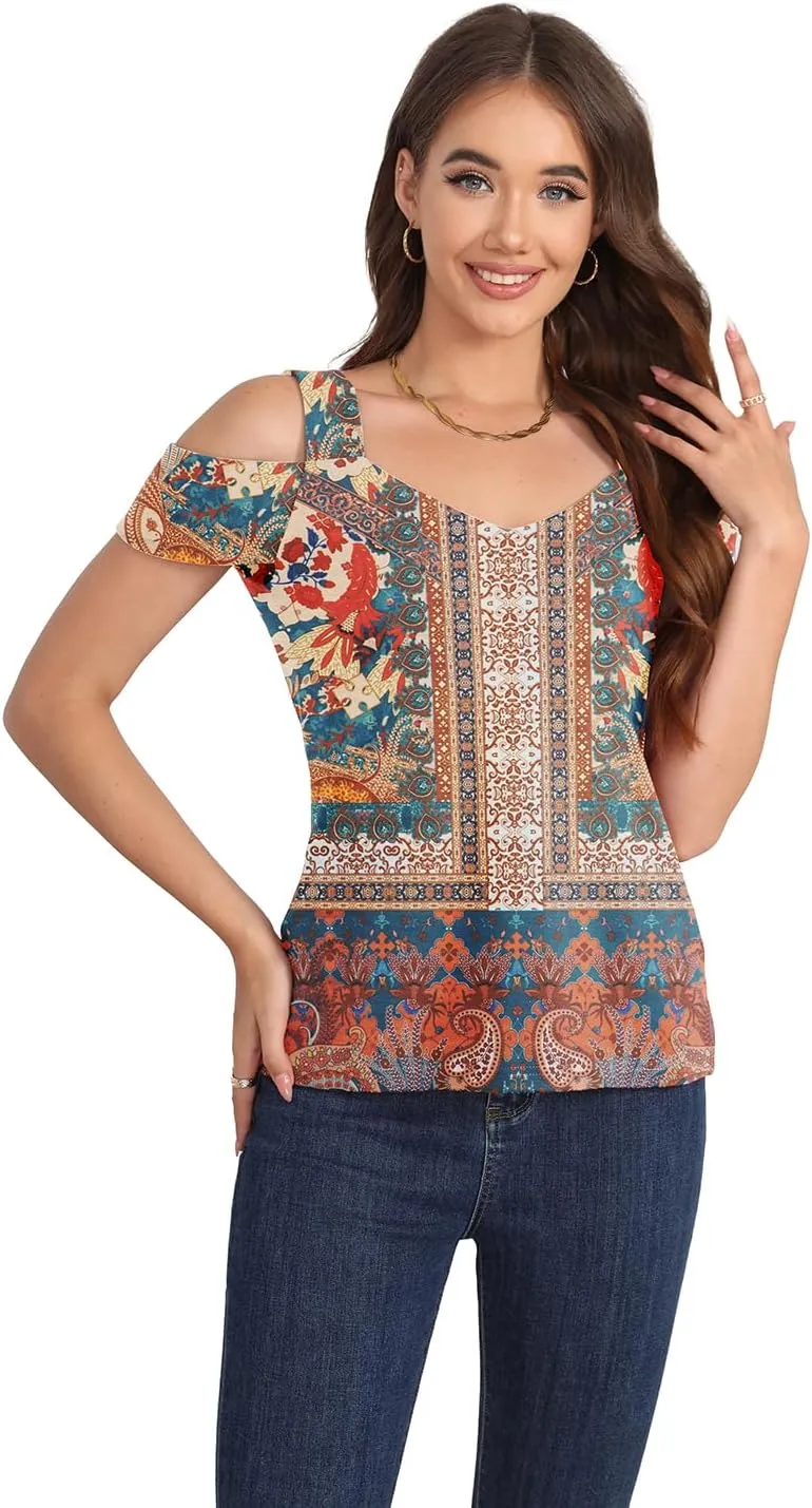 Summer Tops Womens Tunic Top Short Sleeve Cold Shoulder V Neck Loose Fit Basic Tee Casual Tops T Shirts Blouse