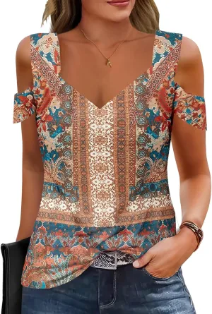 Summer Tops Womens Tunic Top Short Sleeve Cold Shoulder V Neck Loose Fit Basic Tee Casual Tops T Shirts Blouse