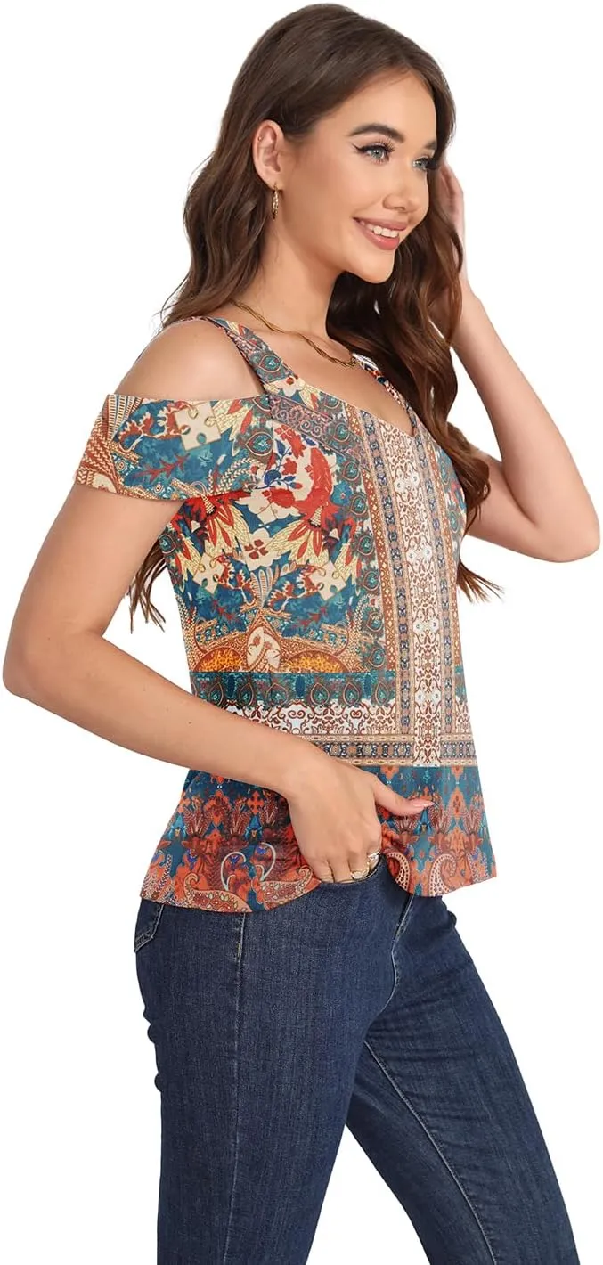 Summer Tops Womens Tunic Top Short Sleeve Cold Shoulder V Neck Loose Fit Basic Tee Casual Tops T Shirts Blouse