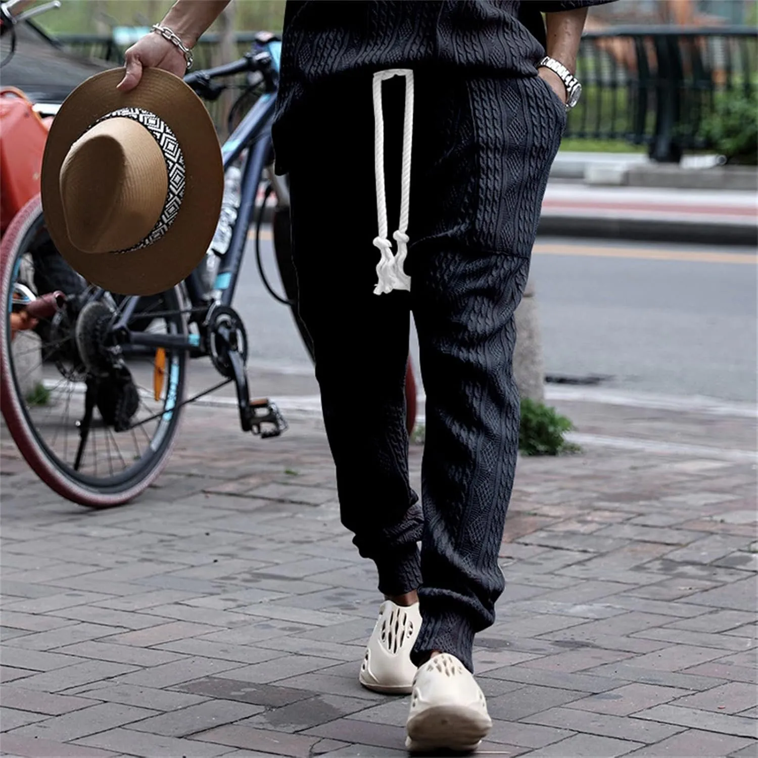 Sweatpants for Men Knited Drawstring Casual Trendy Lightweight Slim Fit Pants Outdoor Workout Running Trousers Pockets