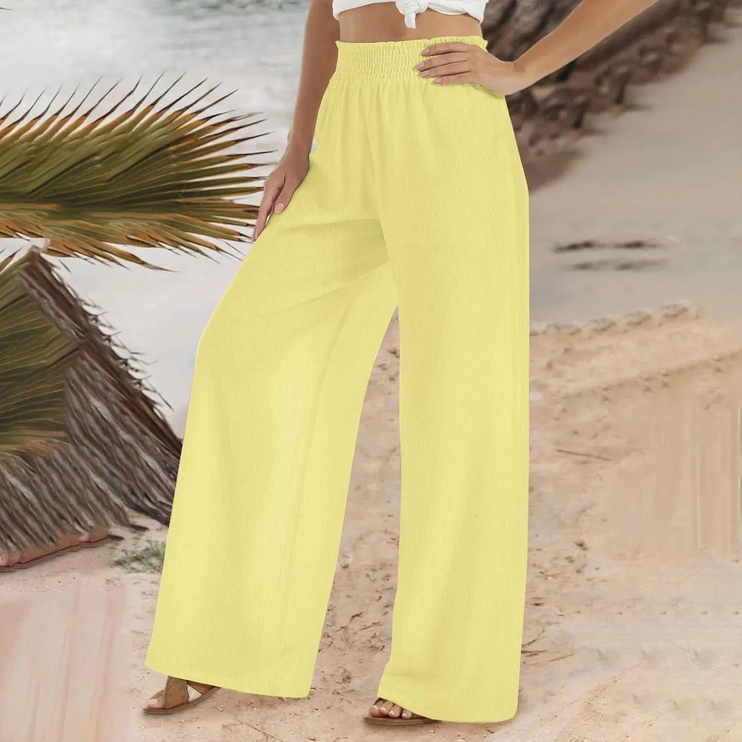 TANGNADE Women's Pants Casual Summer Cotton Linen High Waist Straight Palazzo Pant Trouser Vacation Boho Travel Clothes