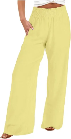 TANGNADE Women's Pants Casual Summer Cotton Linen High Waist Straight Palazzo Pant Trouser Vacation Boho Travel Clothes