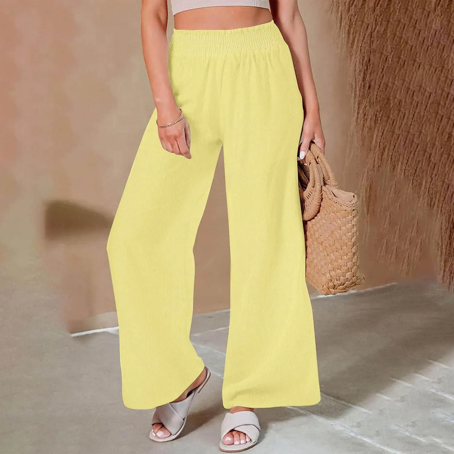 TANGNADE Women's Pants Casual Summer Cotton Linen High Waist Straight Palazzo Pant Trouser Vacation Boho Travel Clothes
