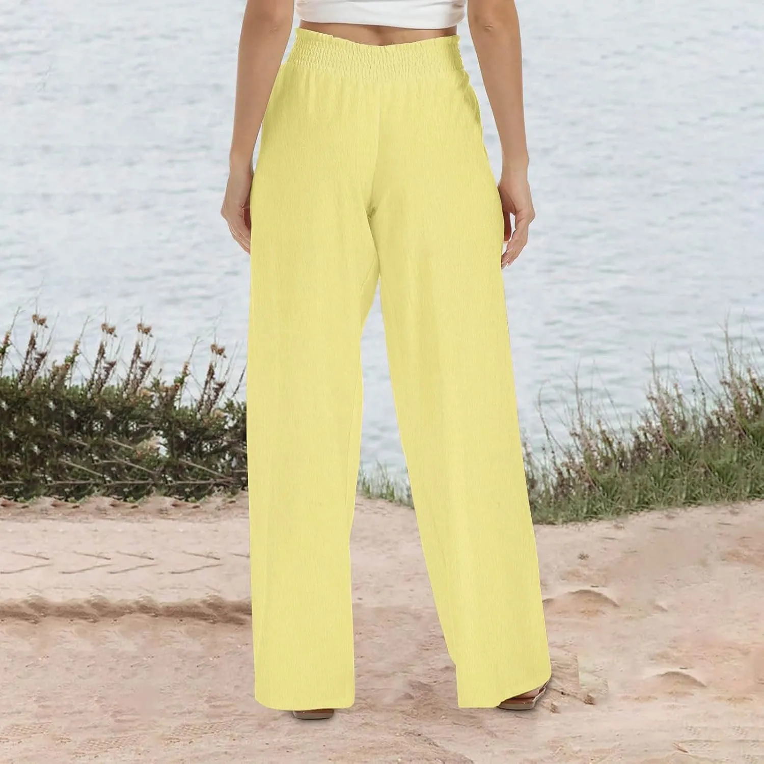 TANGNADE Women's Pants Casual Summer Cotton Linen High Waist Straight Palazzo Pant Trouser Vacation Boho Travel Clothes