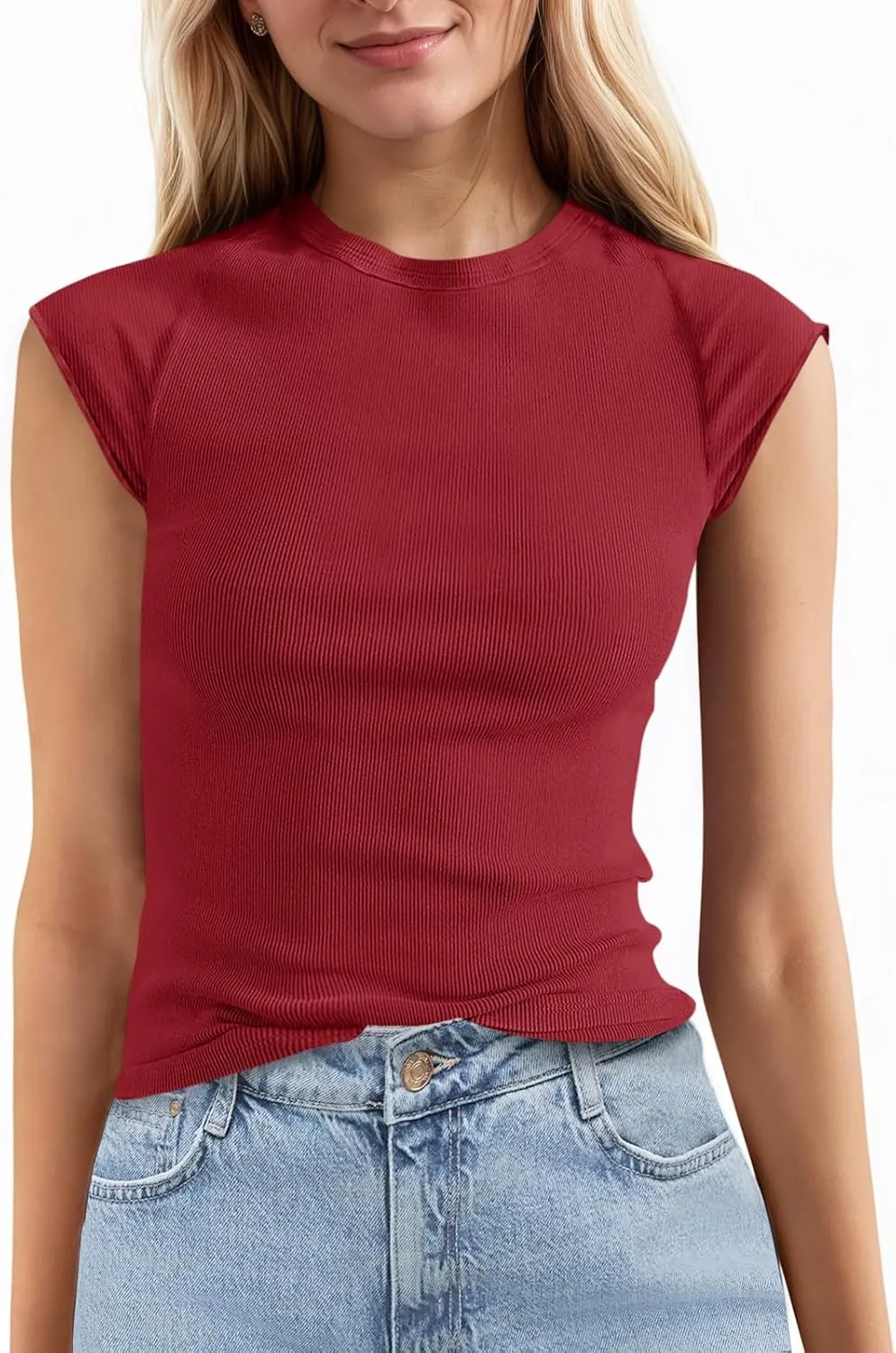 Tankaneo Womens Cap Sleeve Tops Crew Neck Ribbed Knit T Shirt Summer Casual Slim Fit Basic Tees Tshirt