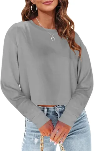 Tankaneo Womens Long Sleeve Crop Tops Loose Fit Cropped Tshirt 2025 Crew Neck Casual Shirts