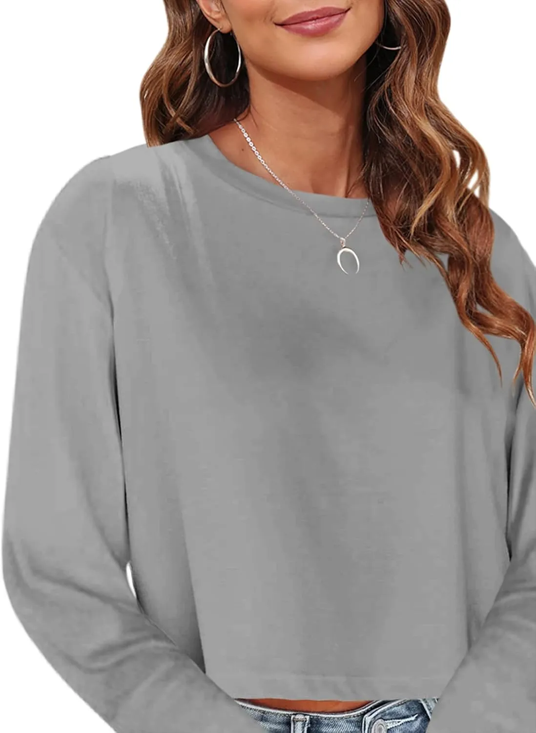 Tankaneo Womens Long Sleeve Crop Tops Loose Fit Cropped Tshirt 2025 Crew Neck Casual Shirts
