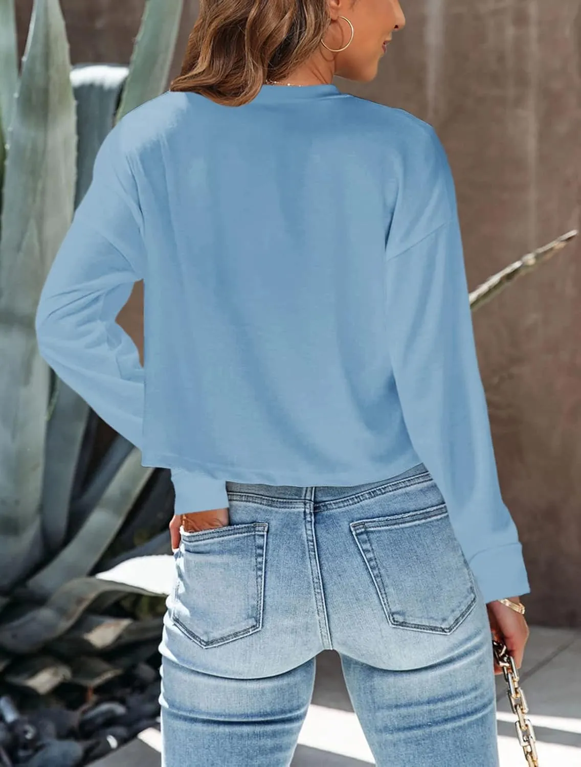 Tankaneo Womens Long Sleeve Crop Tops Loose Fit Cropped Tshirt 2025 Crew Neck Casual Shirts