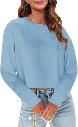 Tankaneo Womens Long Sleeve Crop Tops Loose Fit Cropped Tshirt 2025 Crew Neck Casual Shirts