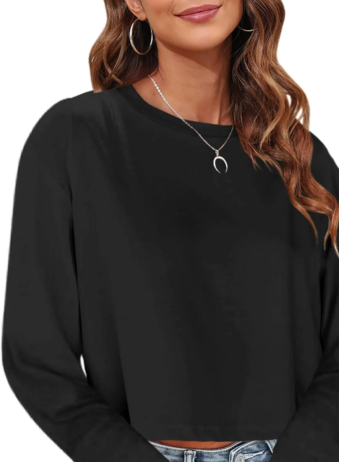Tankaneo Womens Long Sleeve Crop Tops Loose Fit Cropped Tshirt 2025 Crew Neck Casual Shirts