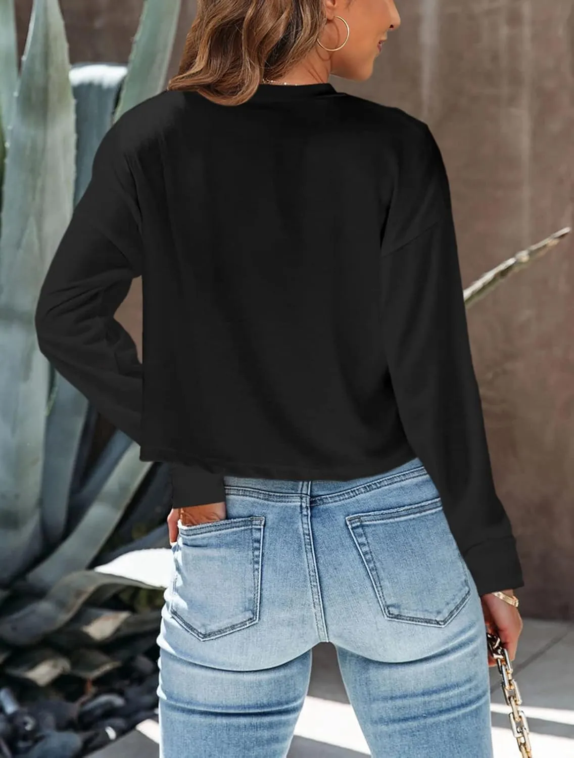 Tankaneo Womens Long Sleeve Crop Tops Loose Fit Cropped Tshirt 2025 Crew Neck Casual Shirts