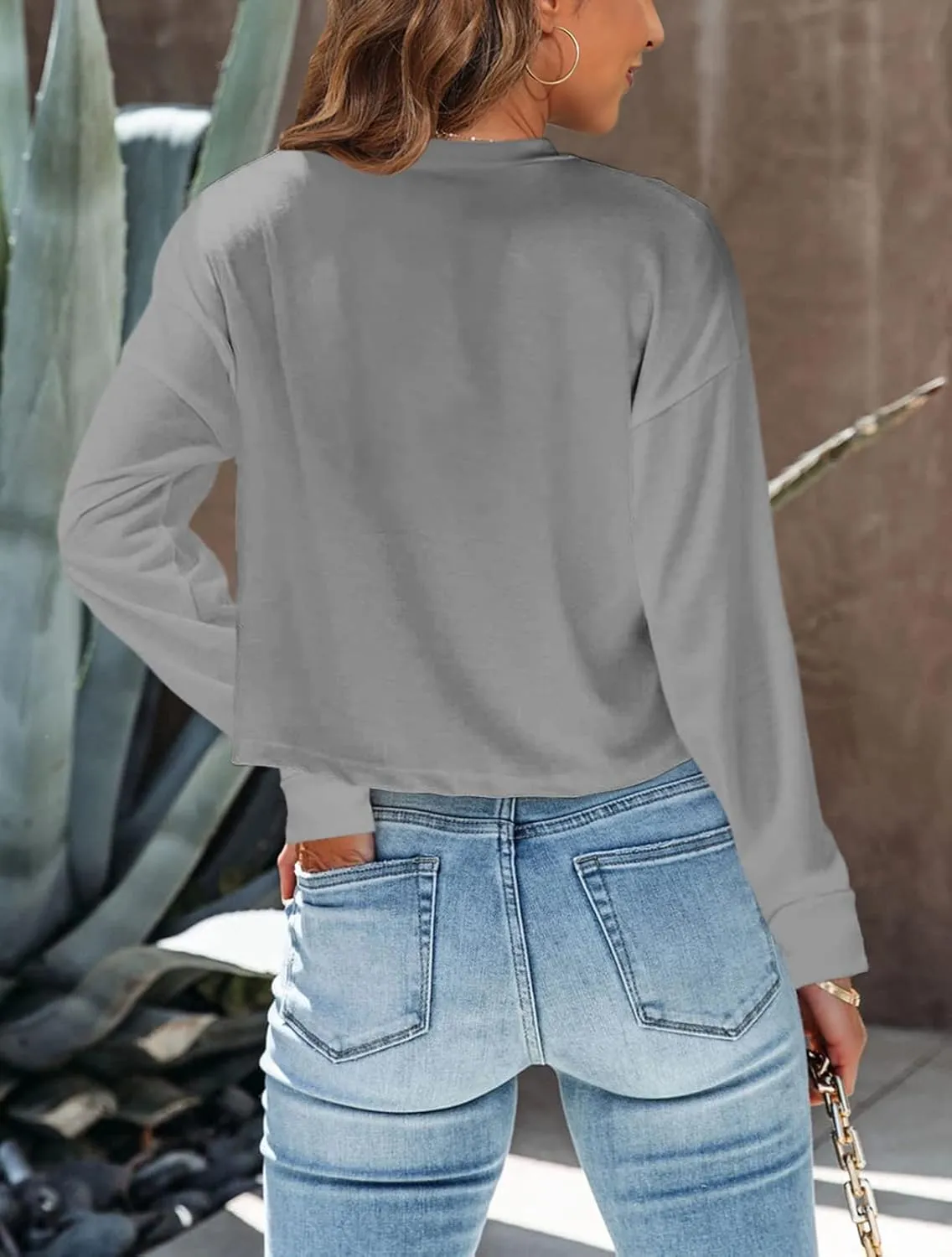 Tankaneo Womens Long Sleeve Crop Tops Loose Fit Cropped Tshirt 2025 Crew Neck Casual Shirts