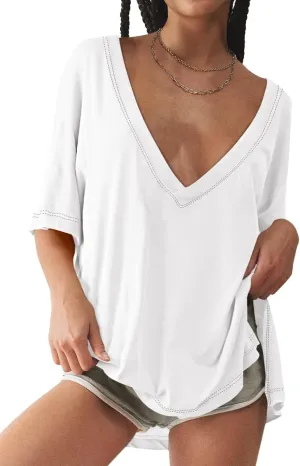 Tankaneo Womens Oversized Tshirts Deep V Neck Short Sleeve Tops Summer Casual Loose Fit Side Slit Tunic Shirts