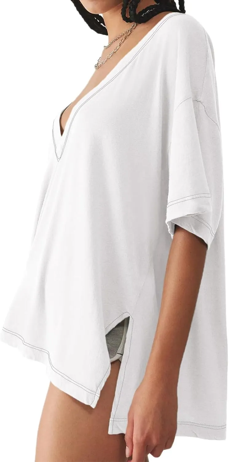 Tankaneo Womens Oversized Tshirts Deep V Neck Short Sleeve Tops Summer Casual Loose Fit Side Slit Tunic Shirts