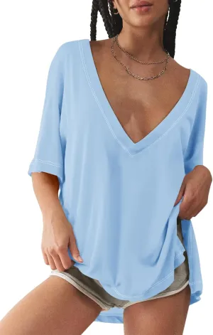 Tankaneo Womens Oversized Tshirts Deep V Neck Short Sleeve Tops Summer Casual Loose Fit Side Slit Tunic Shirts