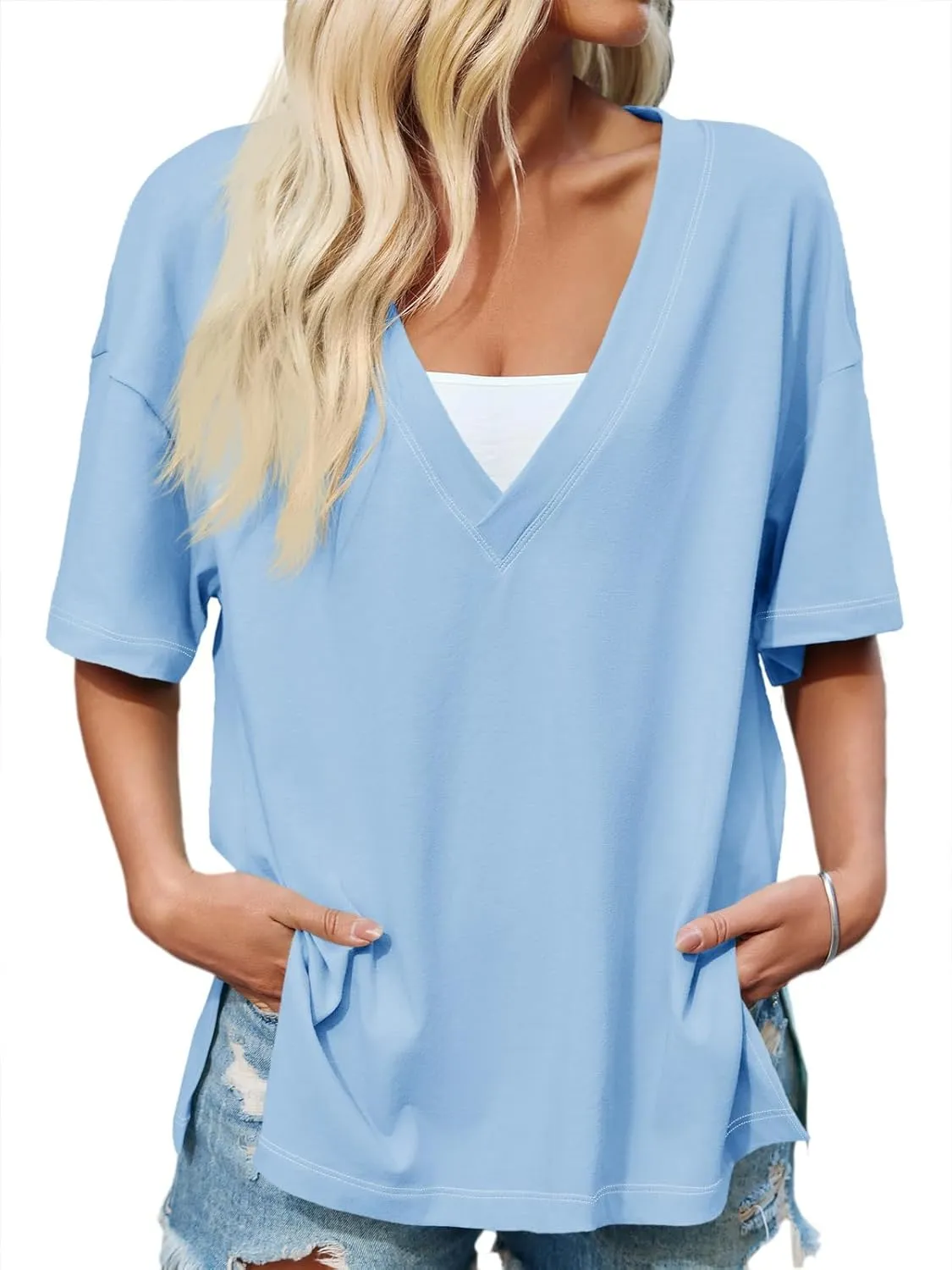 Tankaneo Womens Oversized Tshirts Deep V Neck Short Sleeve Tops Summer Casual Loose Fit Side Slit Tunic Shirts