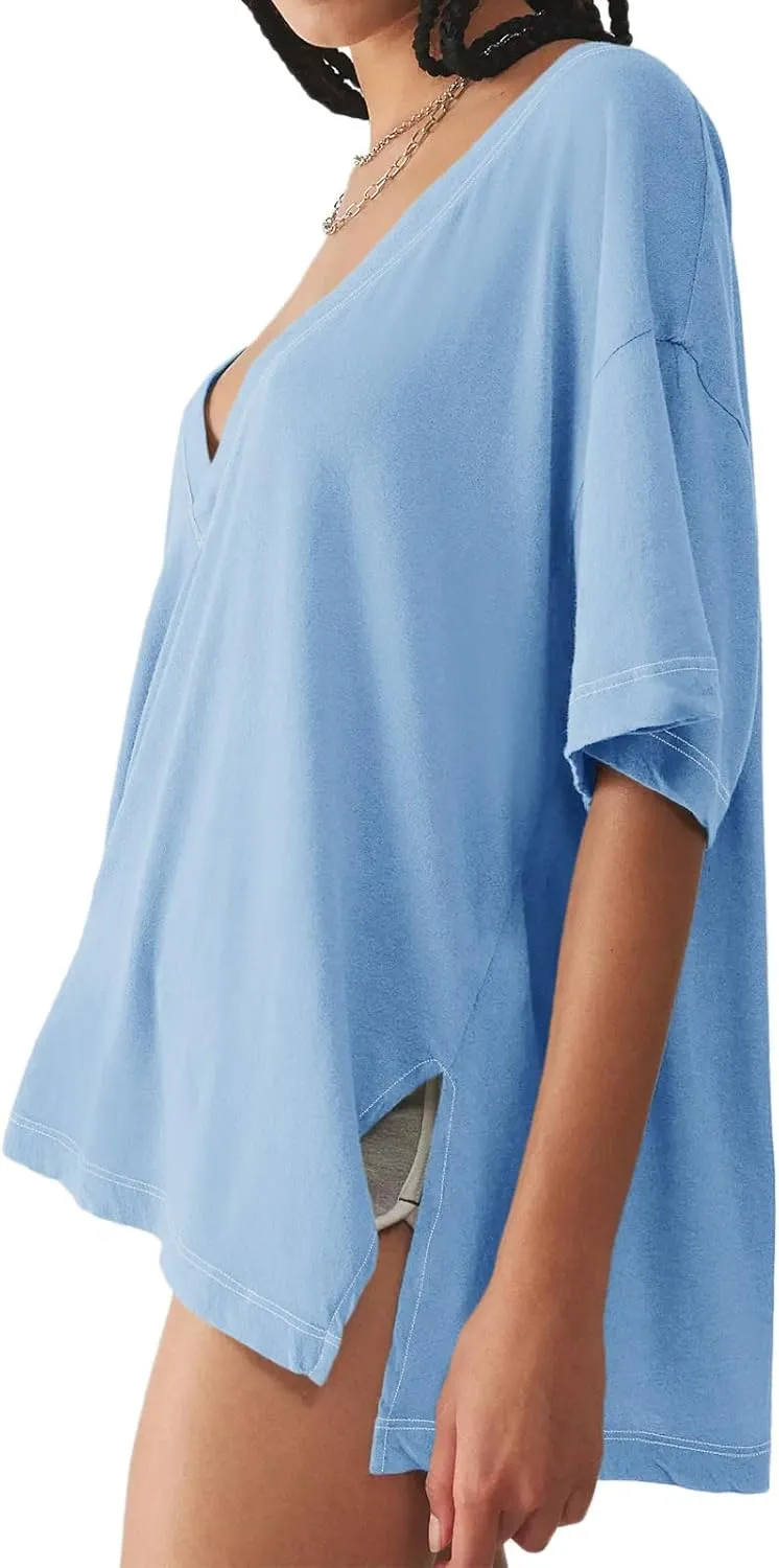 Tankaneo Womens Oversized Tshirts Deep V Neck Short Sleeve Tops Summer Casual Loose Fit Side Slit Tunic Shirts