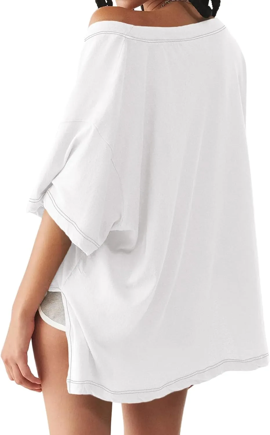 Tankaneo Womens Oversized Tshirts Deep V Neck Short Sleeve Tops Summer Casual Loose Fit Side Slit Tunic Shirts