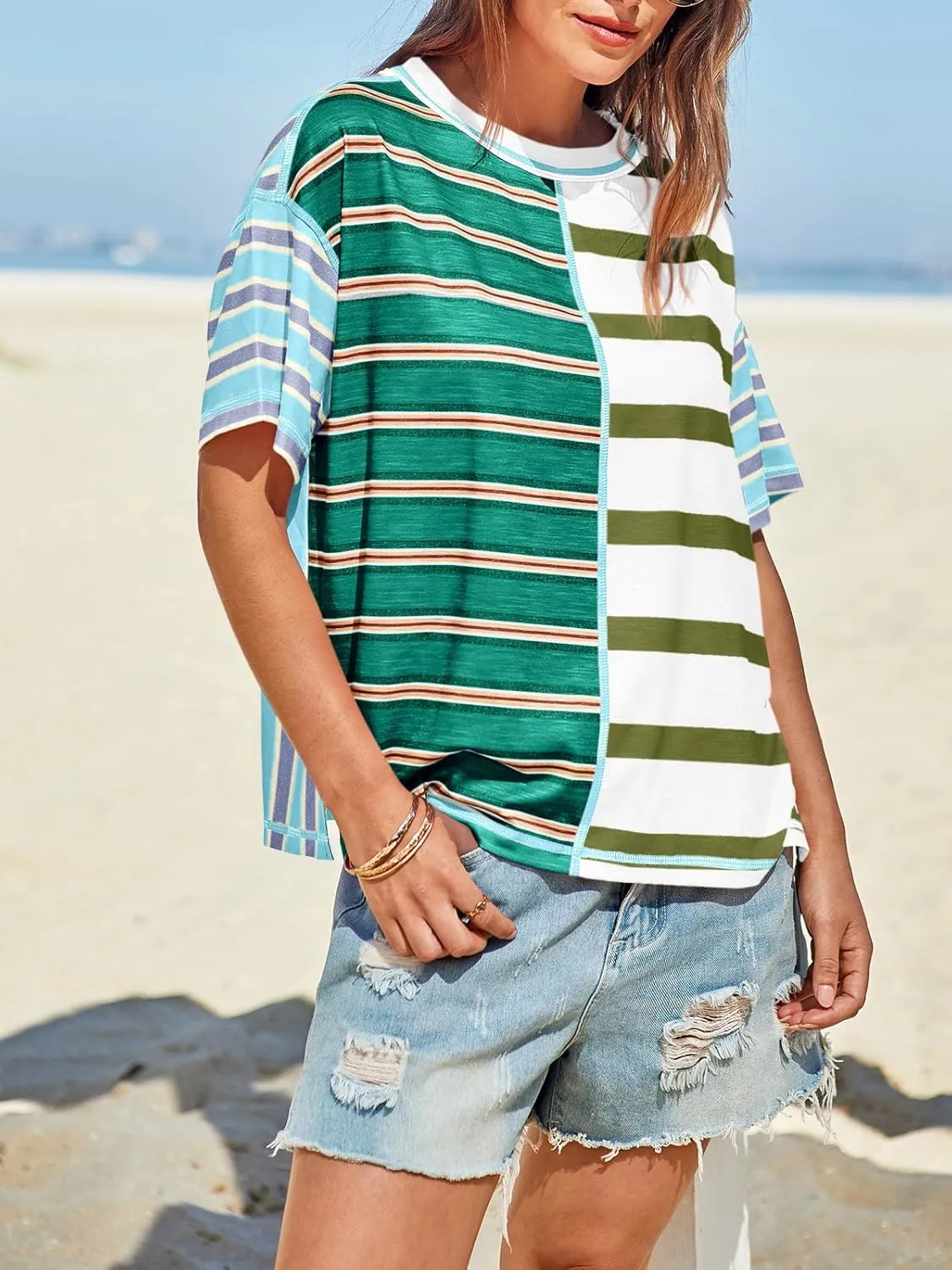 Tankaneo Womens Summer Striped Shirts Casual Color Block Short Sleeve Tops Loose Fit Crew Neck Tees
