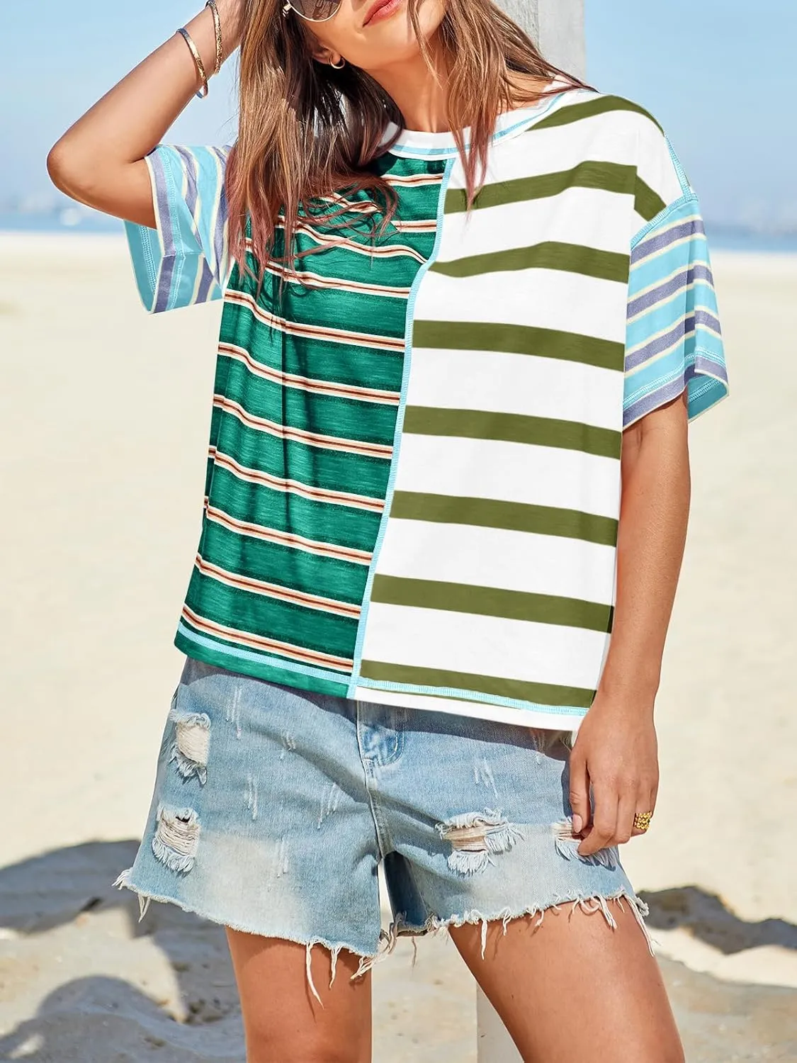Tankaneo Womens Summer Striped Shirts Casual Color Block Short Sleeve Tops Loose Fit Crew Neck Tees