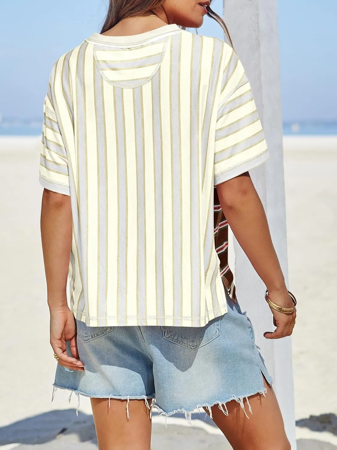 Tankaneo Womens Summer Striped Shirts Casual Color Block Short Sleeve Tops Loose Fit Crew Neck Tees