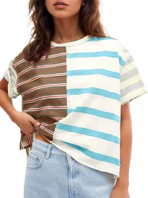 Tankaneo Womens Summer Striped Shirts Casual Color Block Short Sleeve Tops Loose Fit Crew Neck Tees